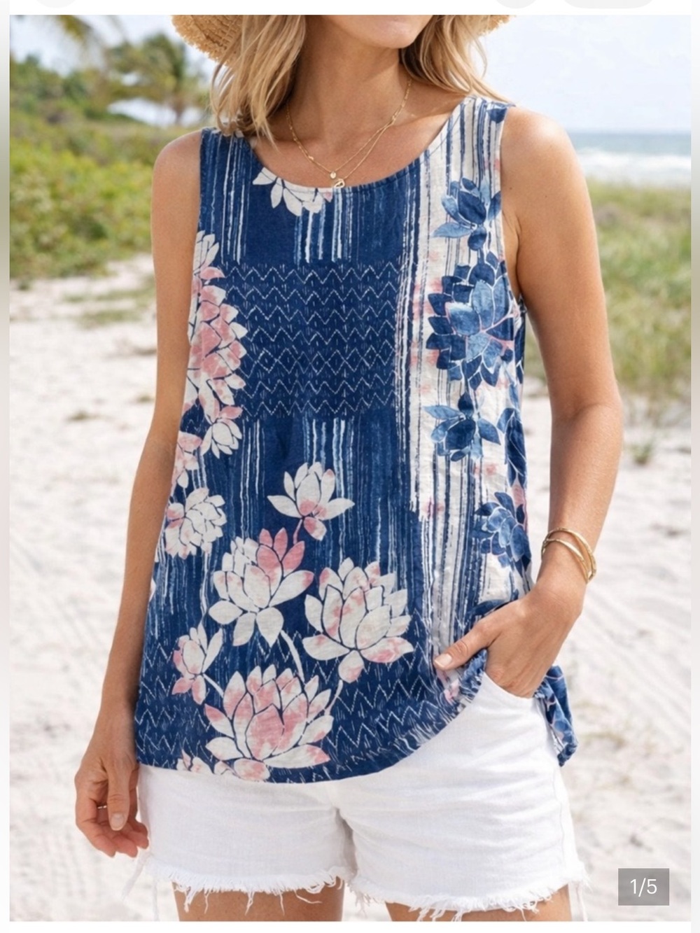 Pure Jill 100%  Linen Patterned Tunic Top - Navy & Coral Floral
